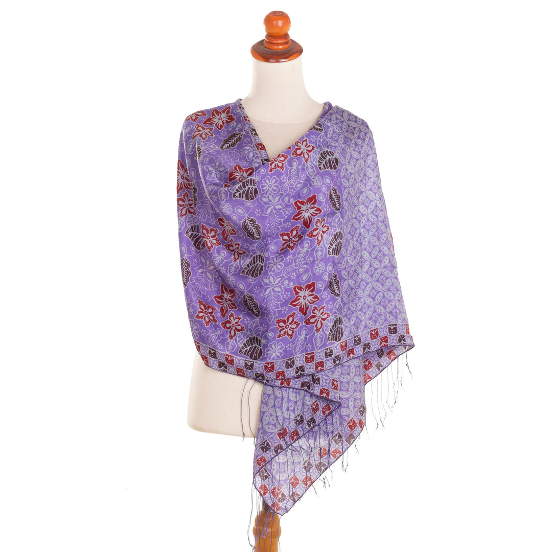 Hand Dyed Kawung Batik Silk Shawl With Floral Pattern - Kawung Plains in Iris