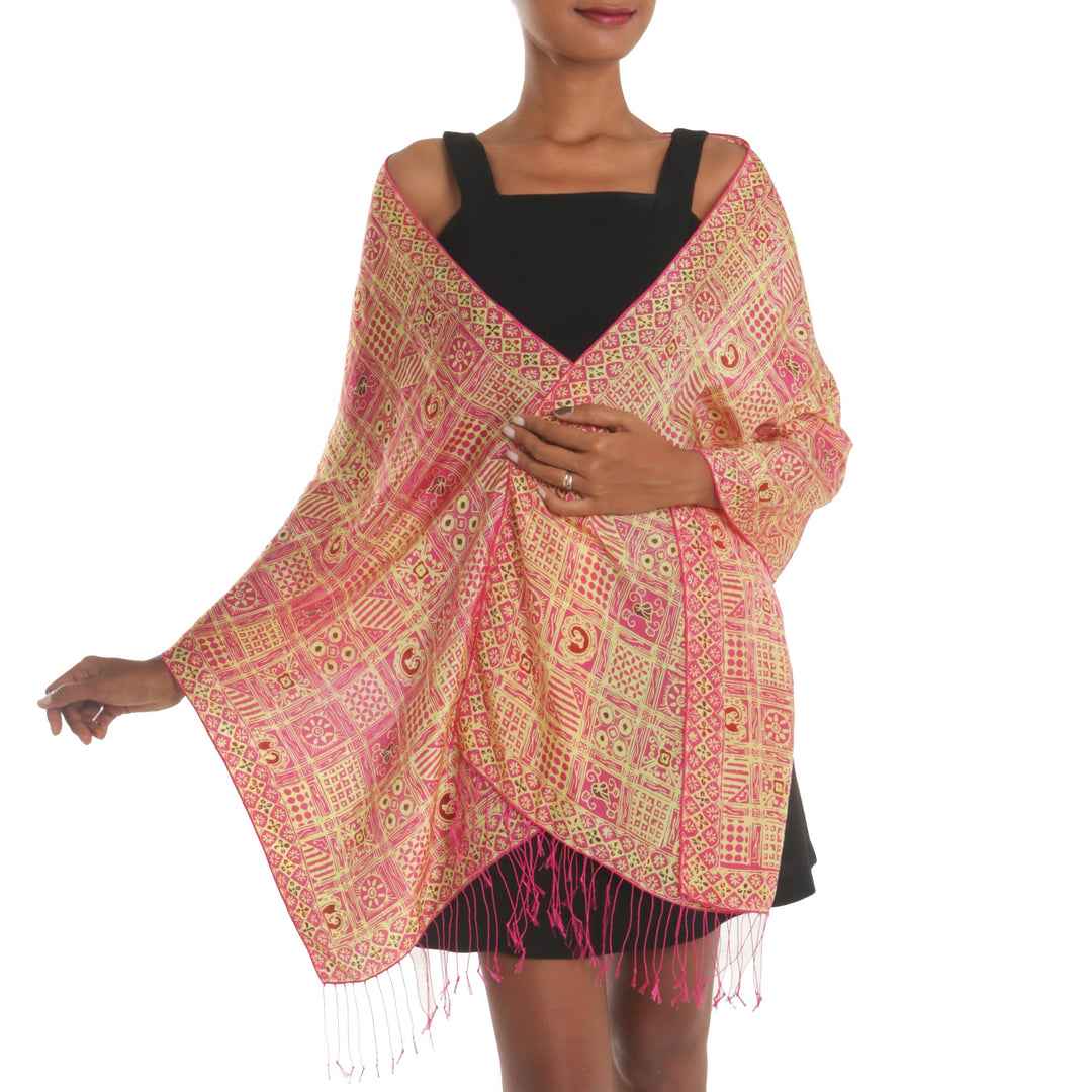 Pink Hand Dyed Batik Silk Shawl with Ceplok Motif from Java - Ceplok Temple Fuchsia