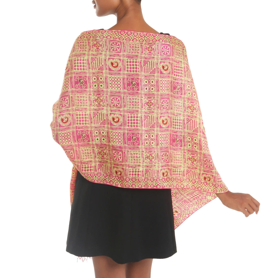 Pink Hand Dyed Batik Silk Shawl with Ceplok Motif from Java - Ceplok Temple Fuchsia