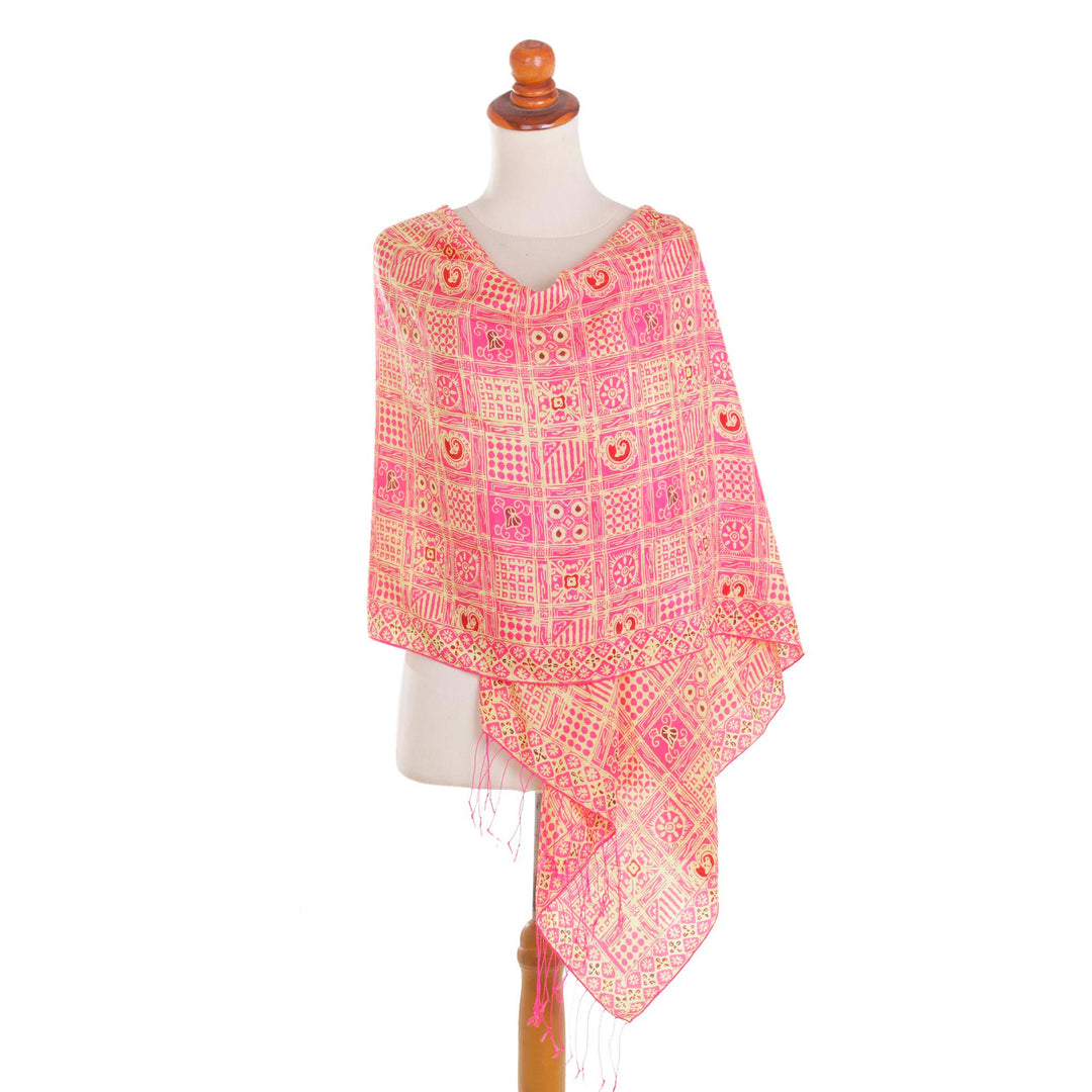 Pink Hand Dyed Batik Silk Shawl with Ceplok Motif from Java - Ceplok Temple Fuchsia