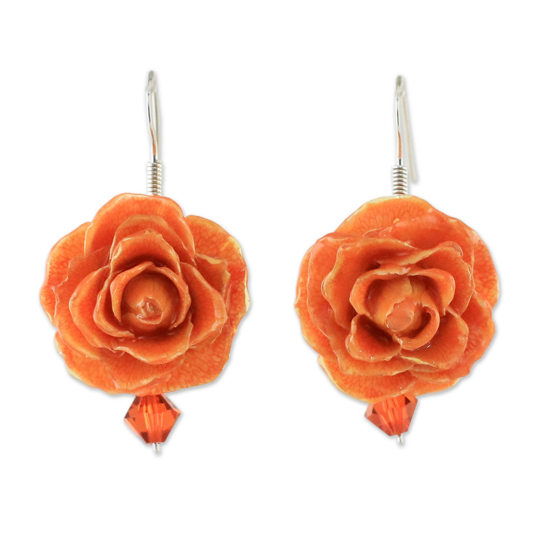 Natural Rose Dangle Earrings in Orange from Thailand - Floral Temptation in Orange