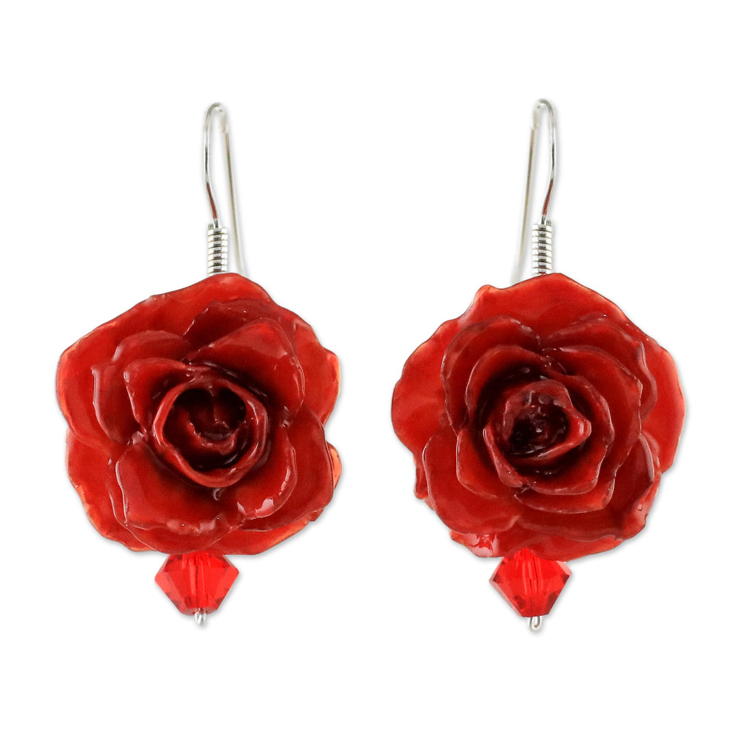Natural Rose Dangle Earrings in Red from Thailand - Floral Temptation in Red