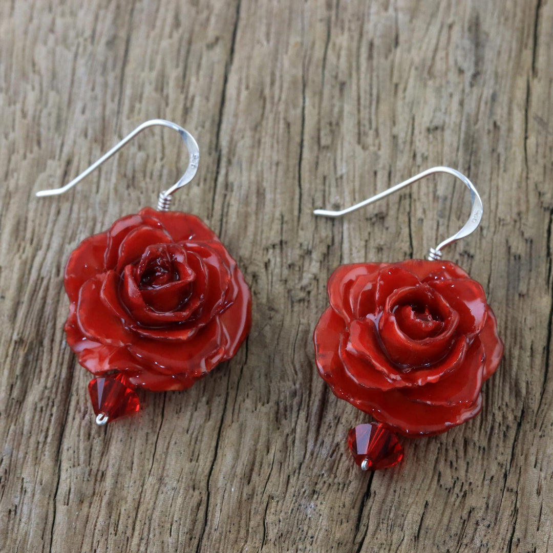 Natural Rose Dangle Earrings in Red from Thailand - Floral Temptation in Red