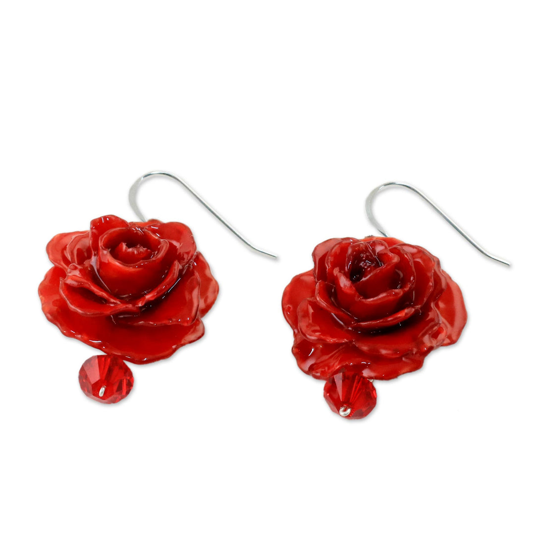 Natural Rose Dangle Earrings in Red from Thailand - Floral Temptation in Red