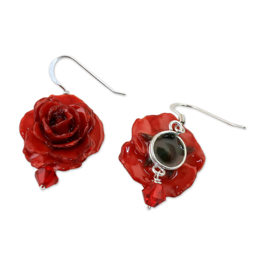 Natural Rose Dangle Earrings in Red from Thailand - Floral Temptation in Red
