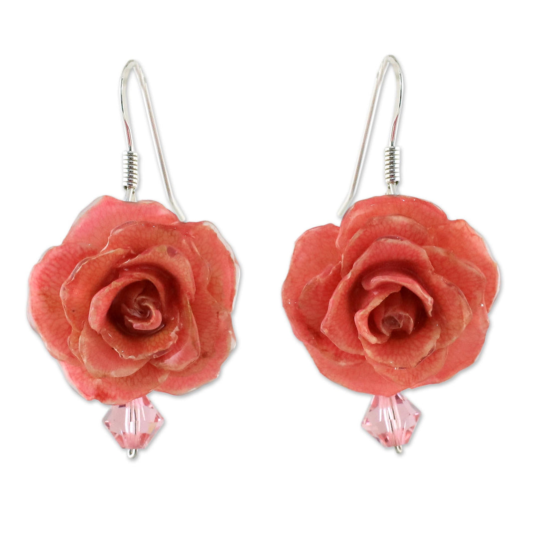 Natural Rose Dangle Earrings in Pink from Thailand - Floral Temptation in Pink