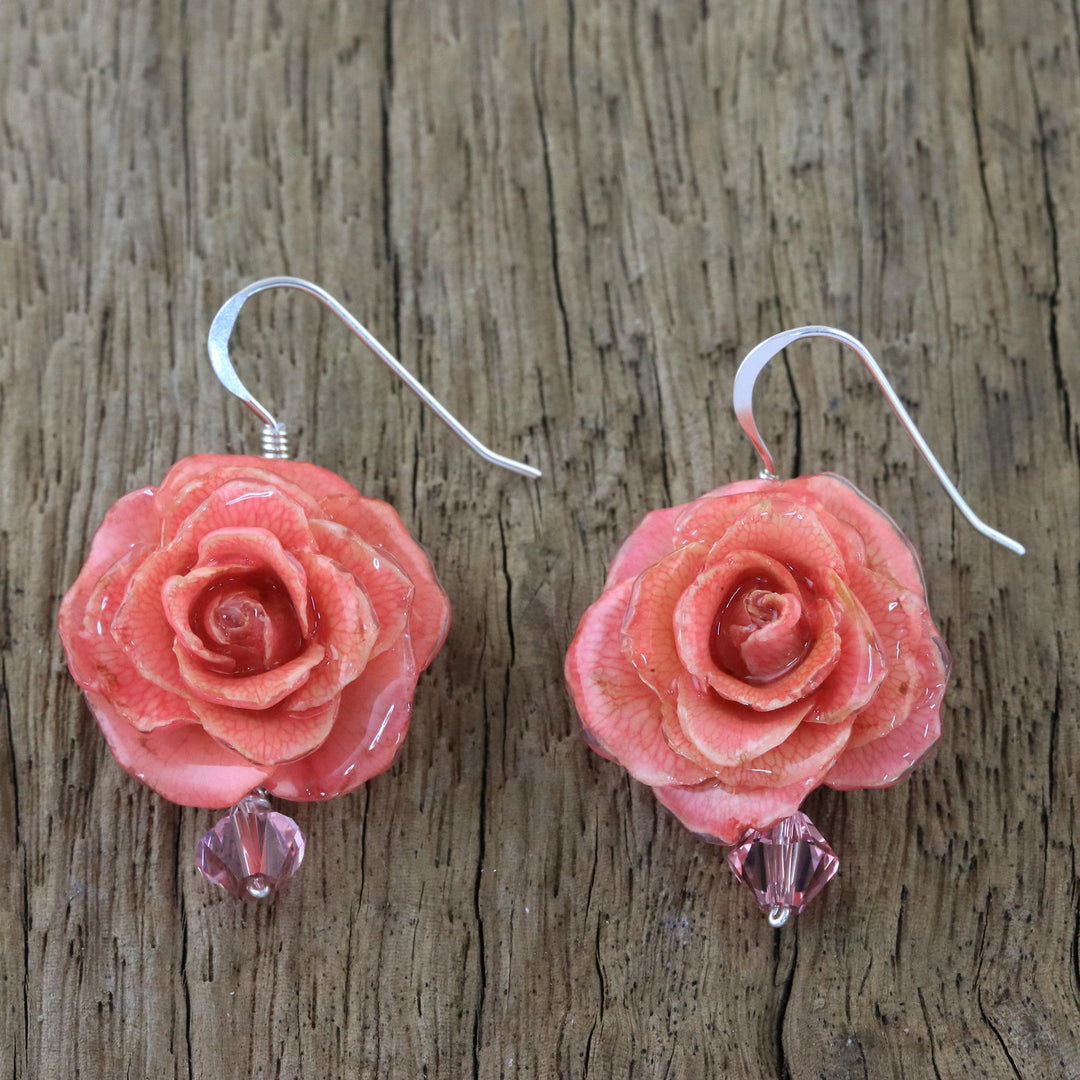 Natural Rose Dangle Earrings in Pink from Thailand - Floral Temptation in Pink