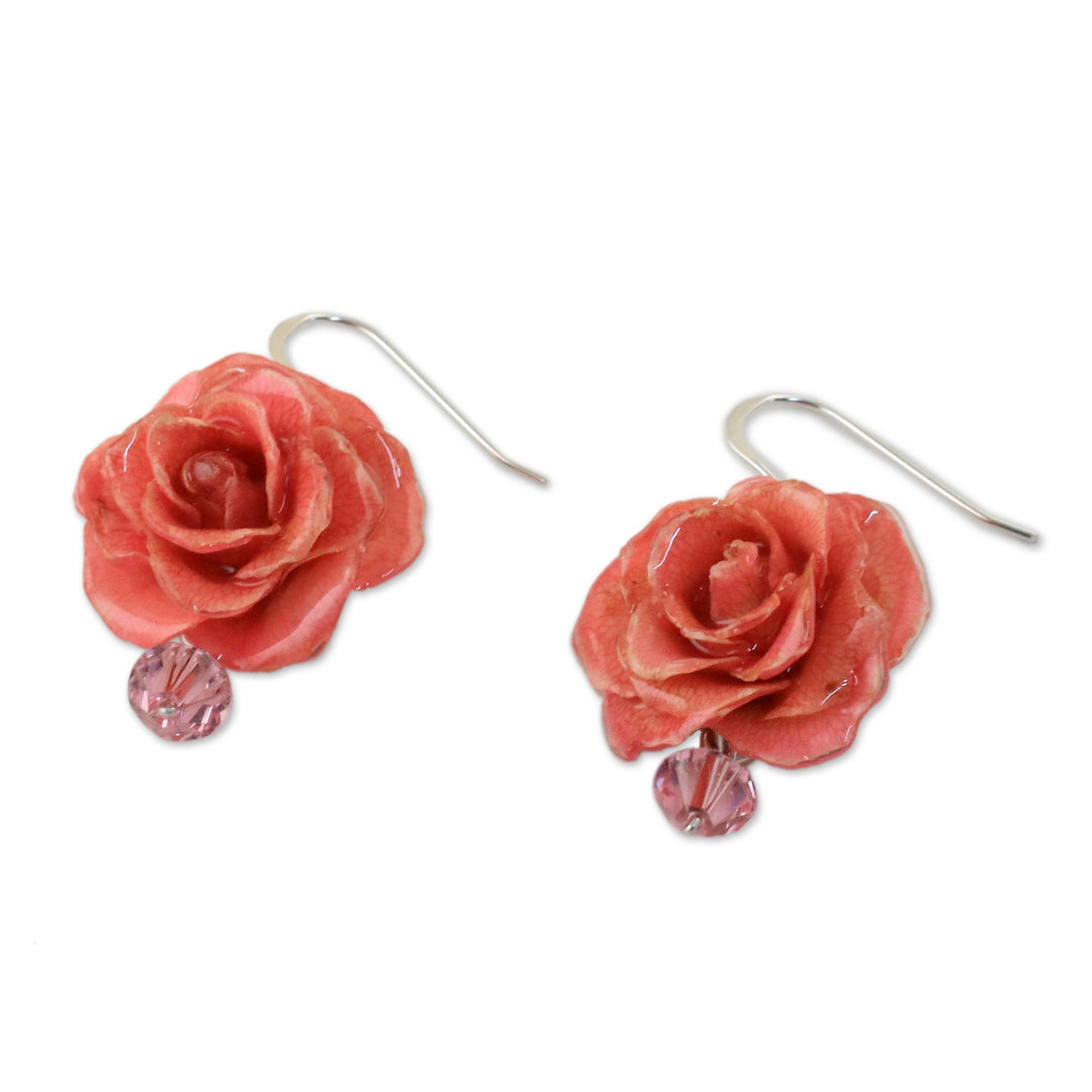 Natural Rose Dangle Earrings in Pink from Thailand - Floral Temptation in Pink