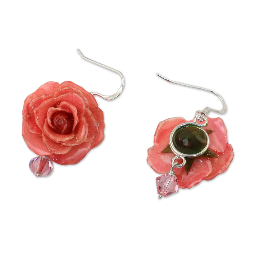 Natural Rose Dangle Earrings in Pink from Thailand - Floral Temptation in Pink