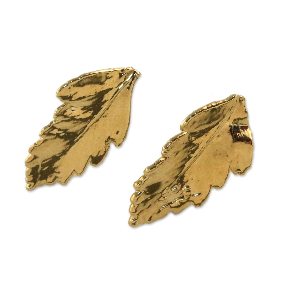 Gold Plated Natural Davallia Leaf Earrings from Thailand - Shining Fern