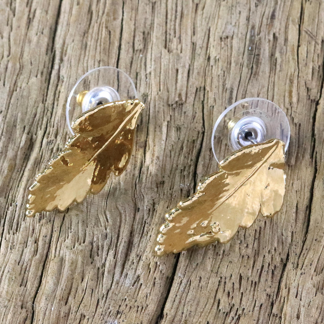 Gold Plated Natural Davallia Leaf Earrings from Thailand - Shining Fern
