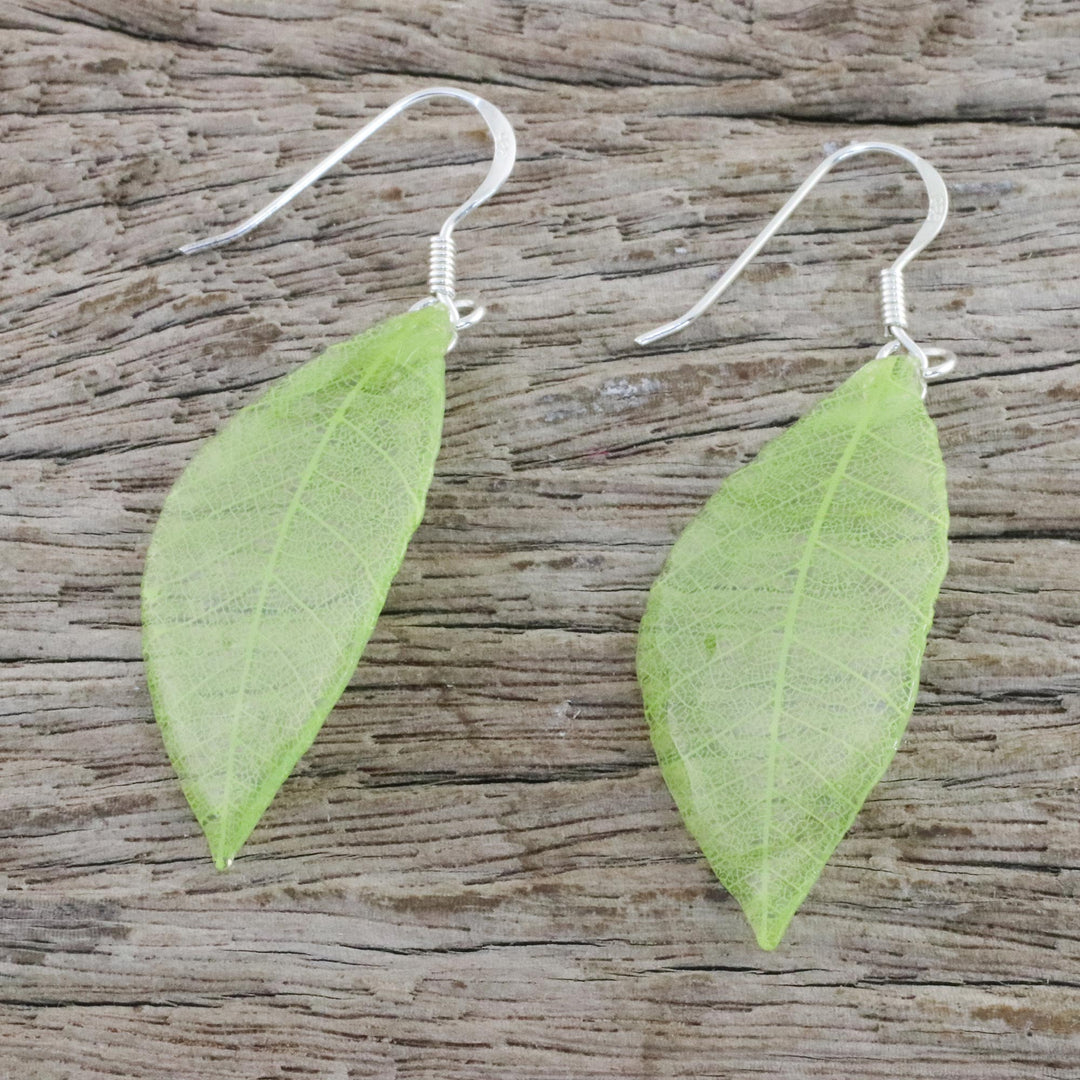 Natural Leaf Dangle Earrings in Sap Green from Thailand - Stunning Nature in Sap Green