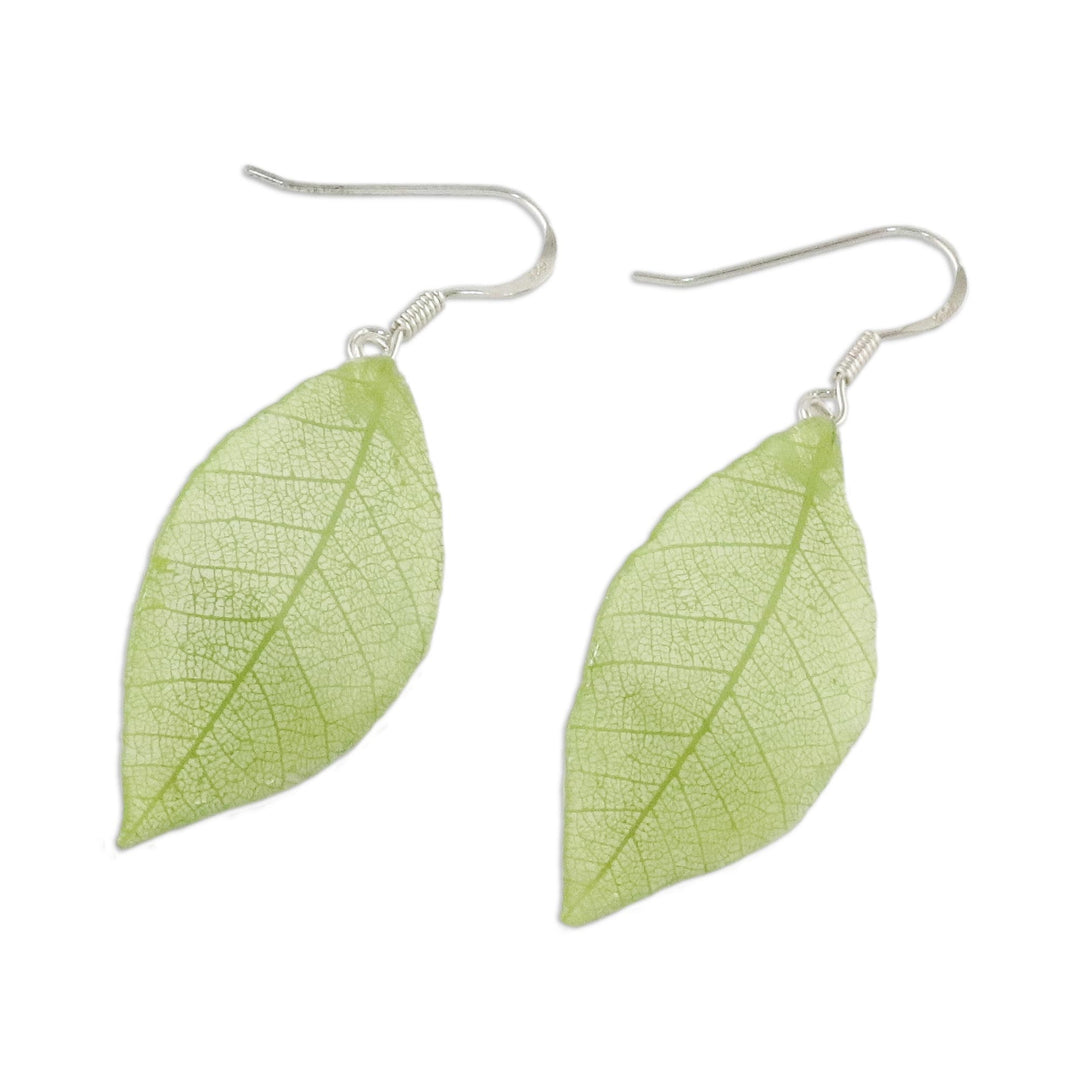 Natural Leaf Dangle Earrings in Sap Green from Thailand - Stunning Nature in Sap Green