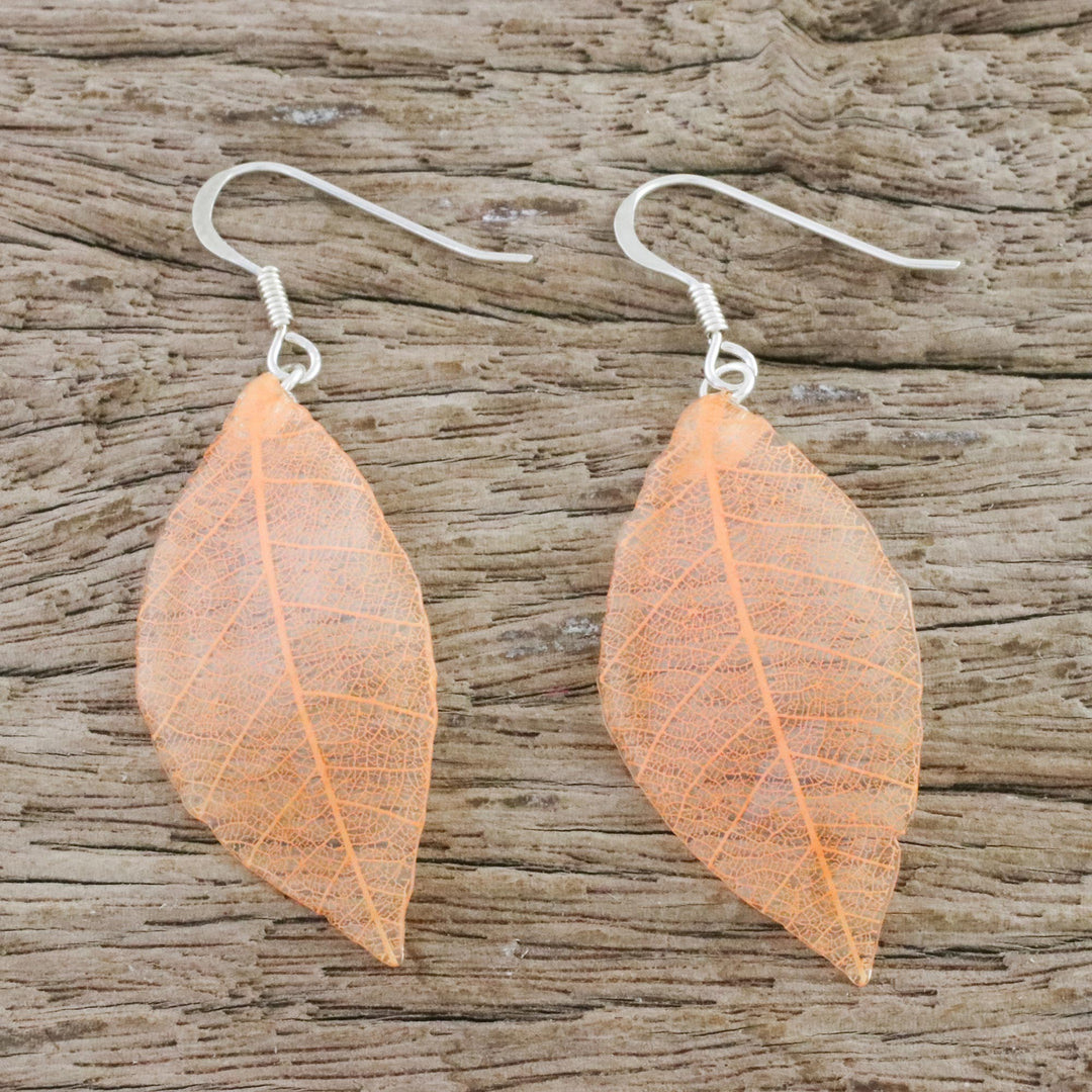 Natural Leaf Dangle Earrings in Sunrise from Thailand - Stunning Nature in Sunrise