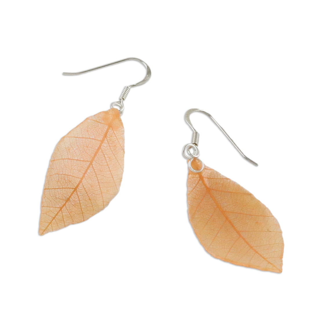 Natural Leaf Dangle Earrings in Sunrise from Thailand - Stunning Nature in Sunrise