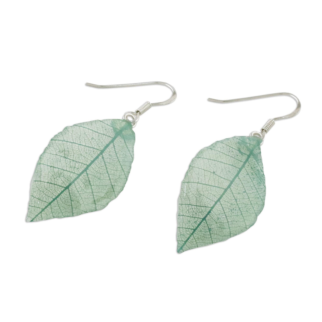 Natural Leaf Dangle Earrings in Jade from Thailand - Stunning Nature in Jade