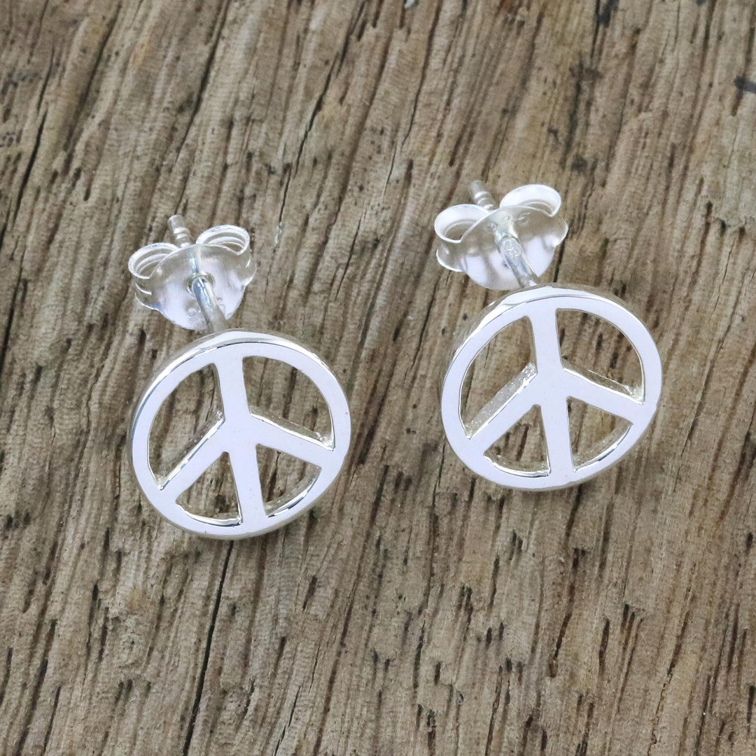 Handcrafted Sterling Silver Stud Earrings with Peace Sign - Sign of Peace
