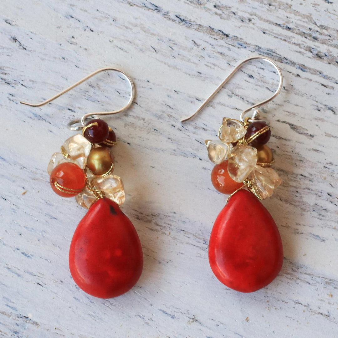 Multi-Gemstone Red Calcite Dangle Earrings from Thailand - Camellia Drops
