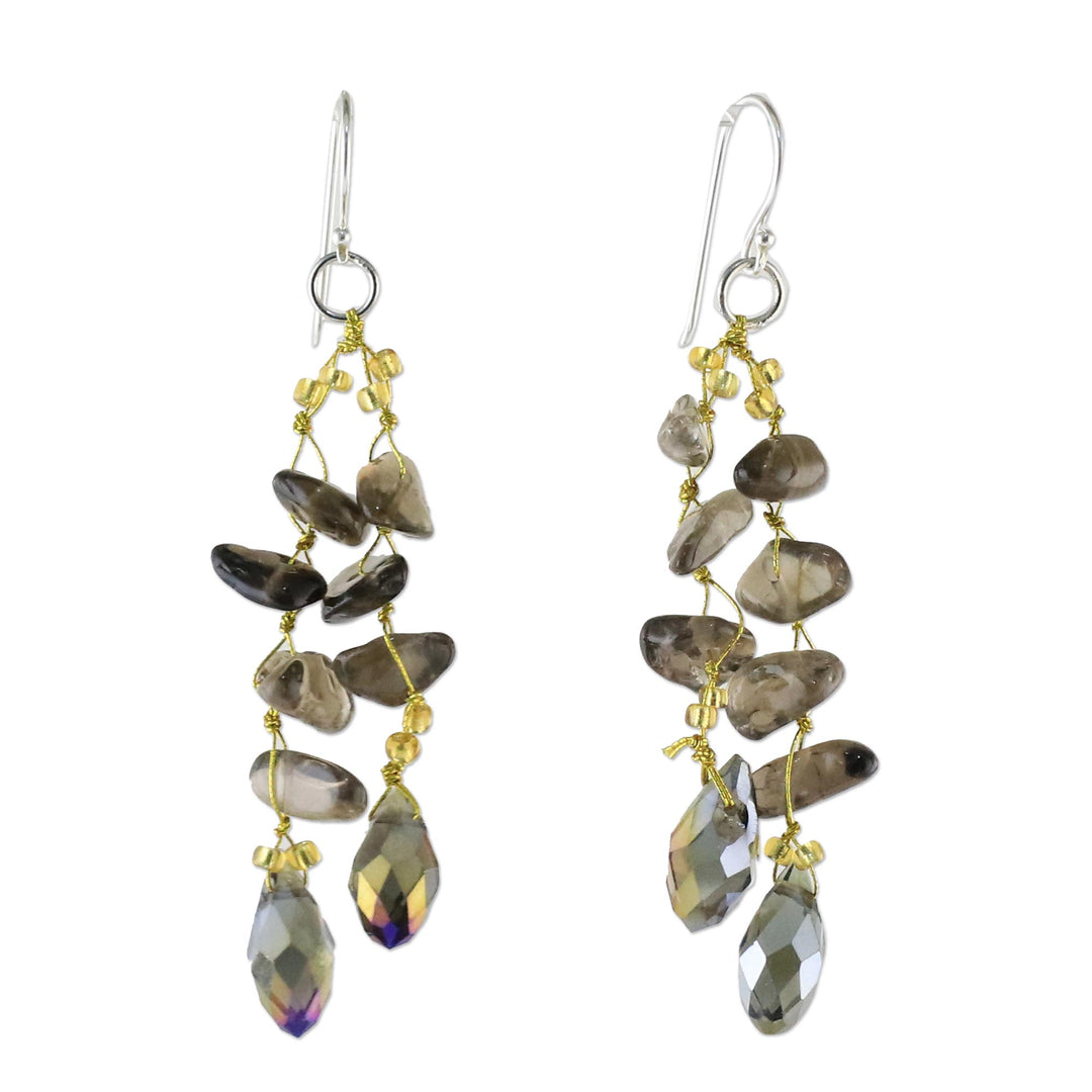 Smoky Quartz and Glass Bead Dangle Earrings from Thailand - Crystalline Drops