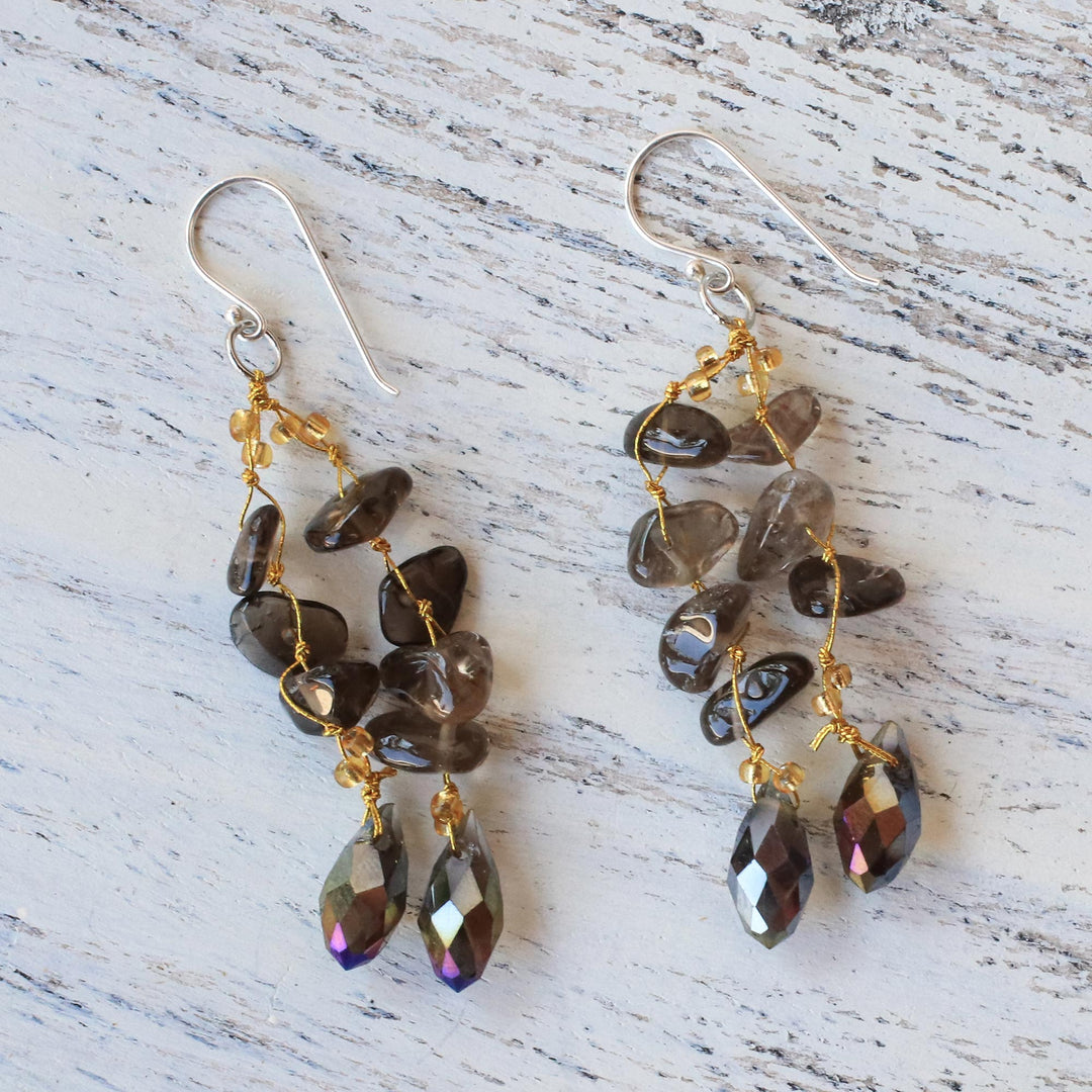 Smoky Quartz and Glass Bead Dangle Earrings from Thailand - Crystalline Drops