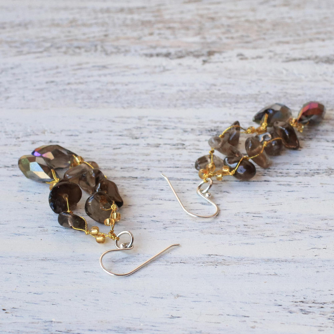 Smoky Quartz and Glass Bead Dangle Earrings from Thailand - Crystalline Drops