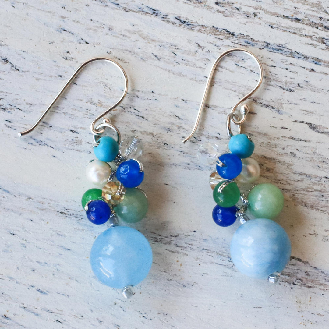 Blue Quartz Multi-Gemstone Dangle Earrings from Thailand - Happy Bunch