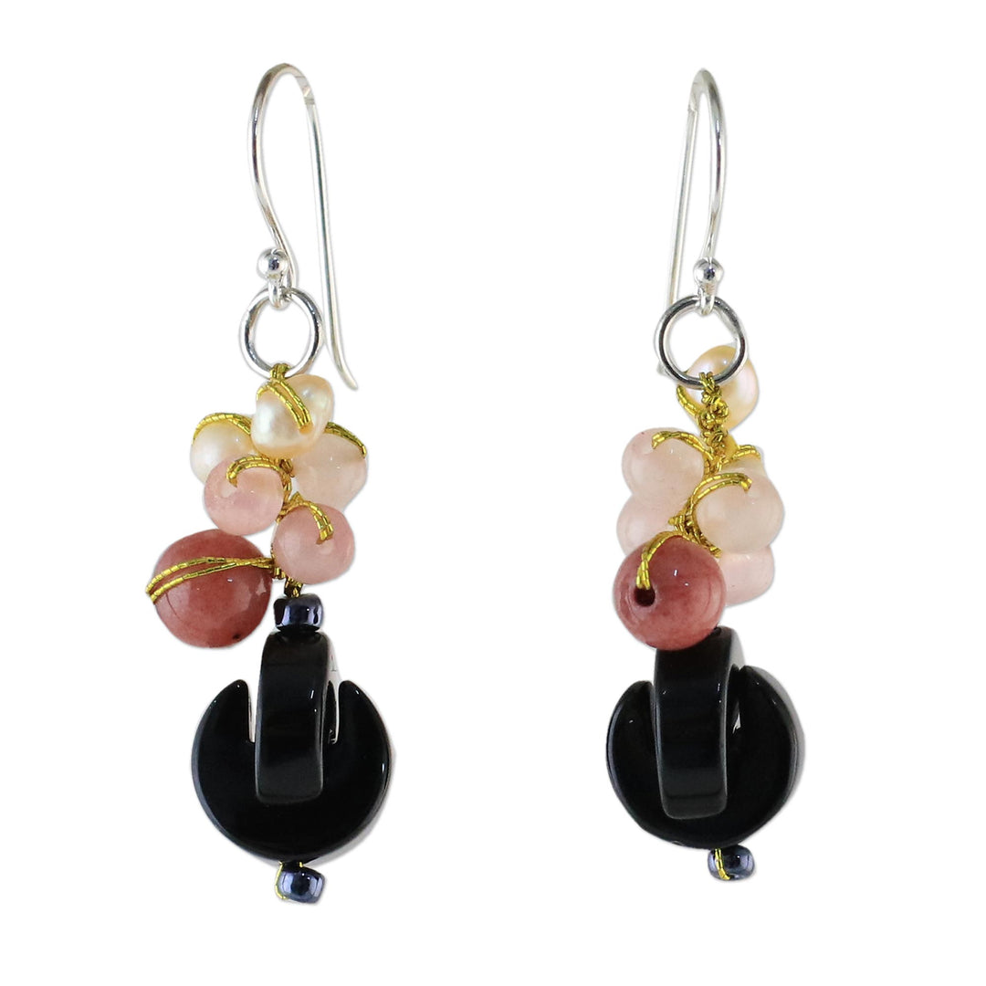 Onyx Multi-Gemstone Dangle Earrings from Thailand - Tidal Wave in Pink