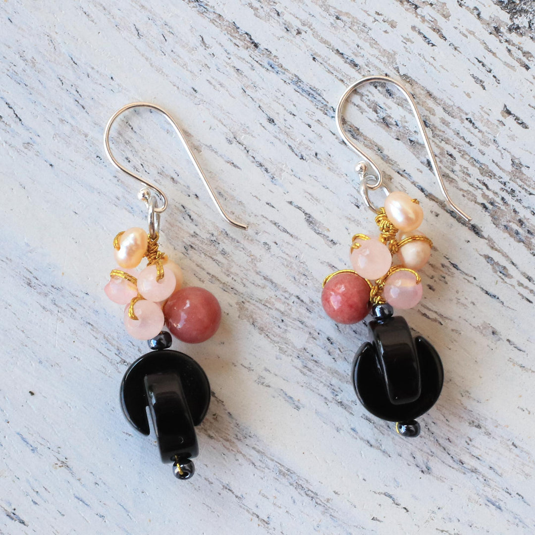 Onyx Multi-Gemstone Dangle Earrings from Thailand - Tidal Wave in Pink