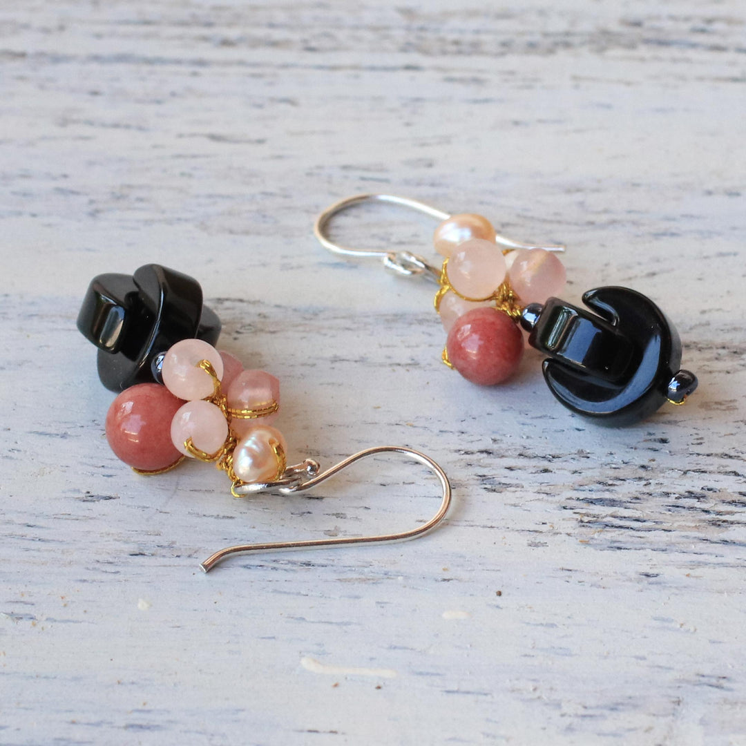 Onyx Multi-Gemstone Dangle Earrings from Thailand - Tidal Wave in Pink