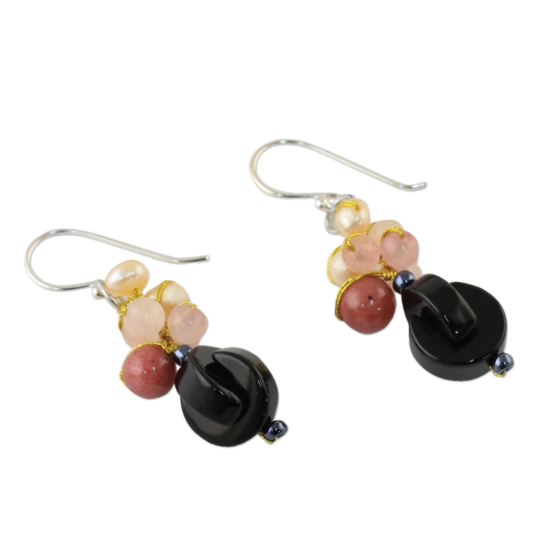 Onyx Multi-Gemstone Dangle Earrings from Thailand - Tidal Wave in Pink