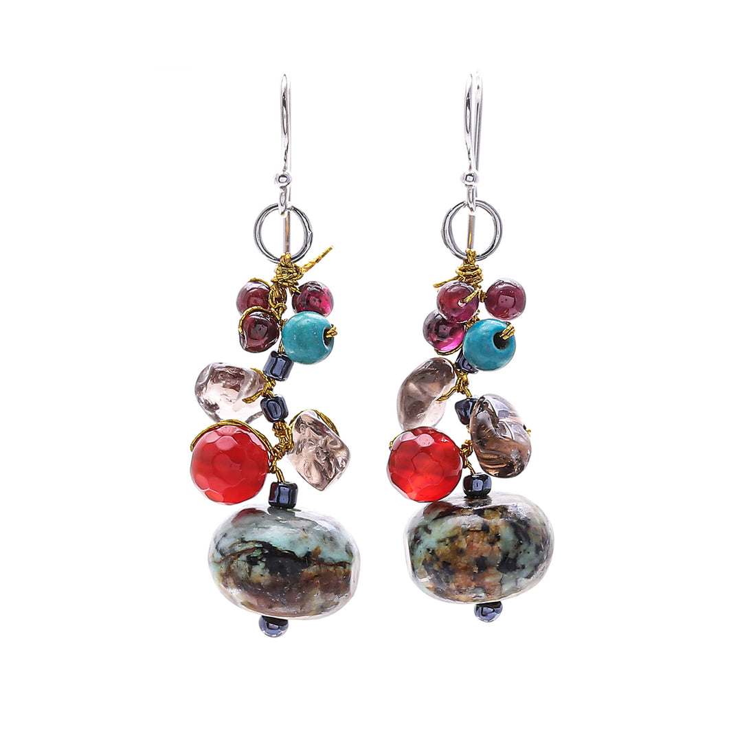 Jasper Multi-Gemstone Dangle Earrings from Thailand - Exotic Cluster