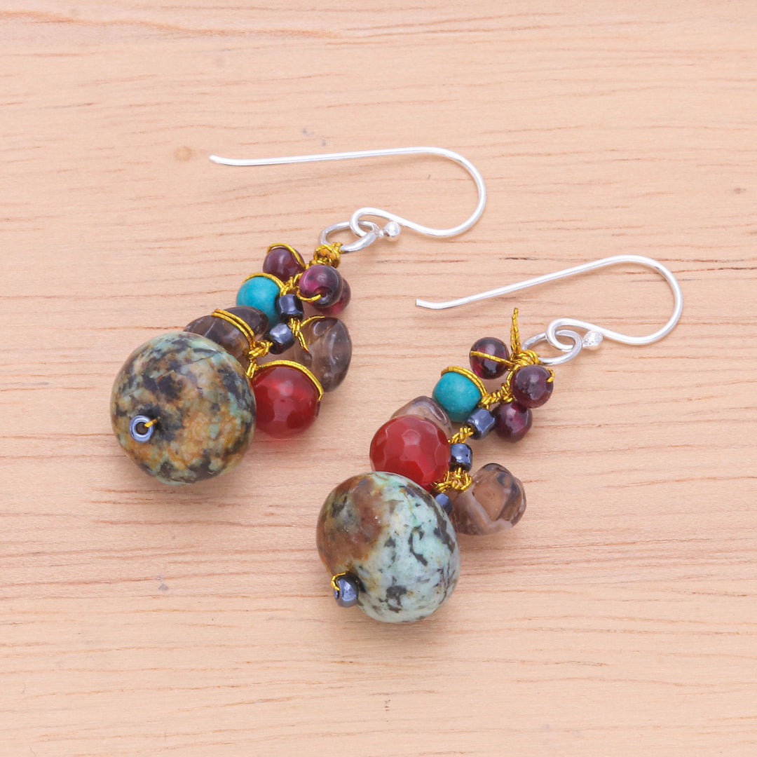 Jasper Multi-Gemstone Dangle Earrings from Thailand - Exotic Cluster