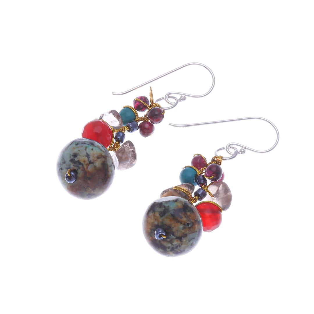 Jasper Multi-Gemstone Dangle Earrings from Thailand - Exotic Cluster