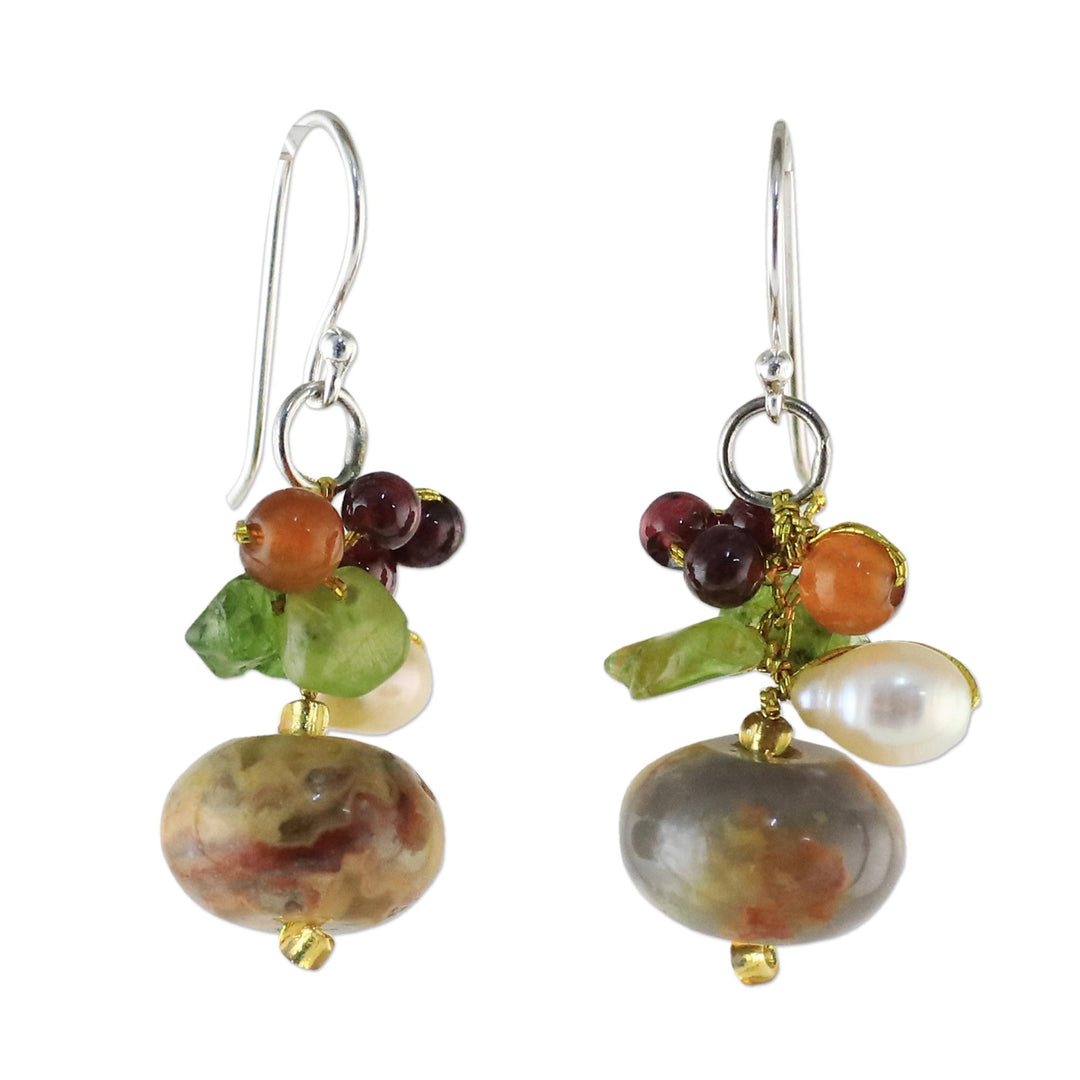 Thai Jasper and Cultured Pearl Dangle Earrings - Exotic Cluster