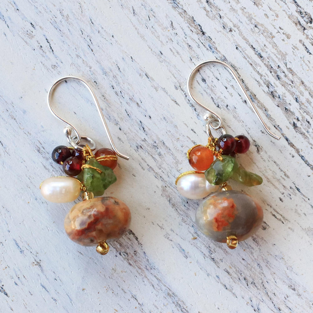 Thai Jasper and Cultured Pearl Dangle Earrings - Exotic Cluster