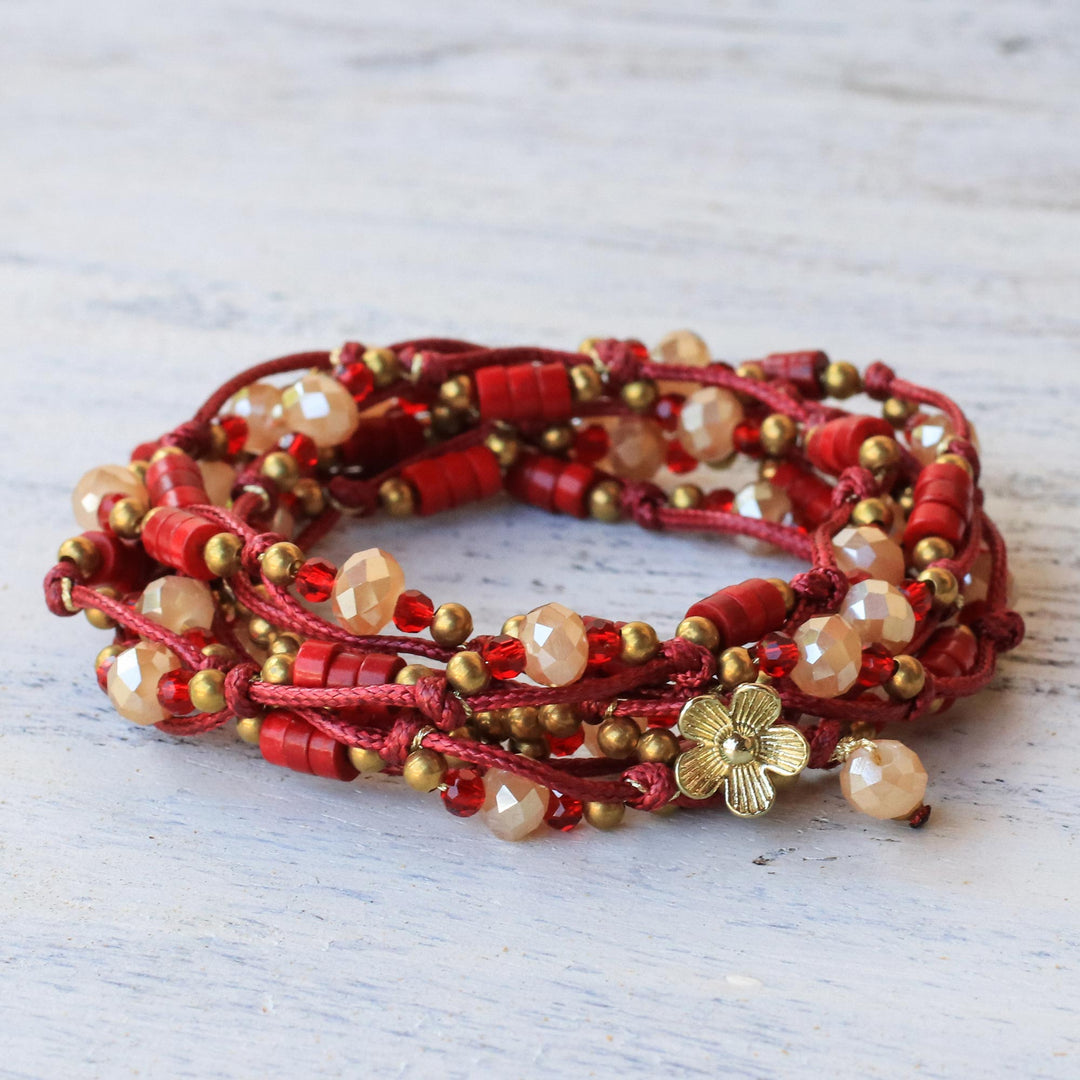 Calcite and Glass Beaded Wrap Bracelet in Red from Thailand - Passionate Party