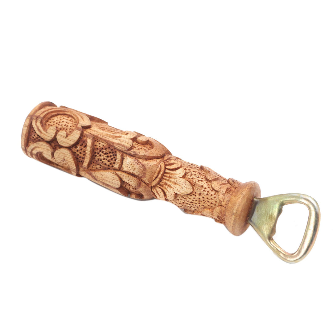 Handcrafted Suar Wood Floral Bottle Opener from Bali - Floral Refreshment