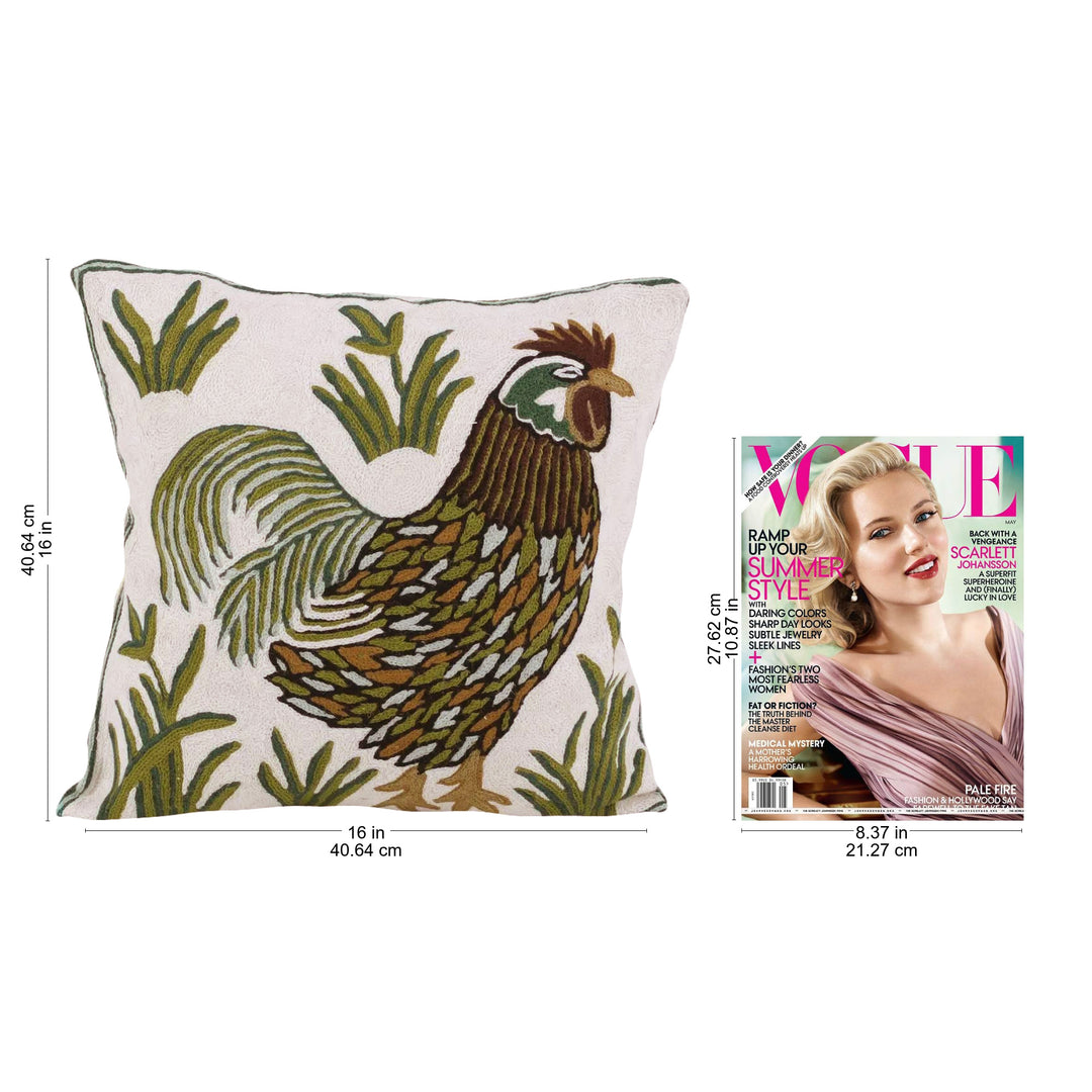 Two Embroidered Cushion Covers with Roosters from India - Rooster Crow