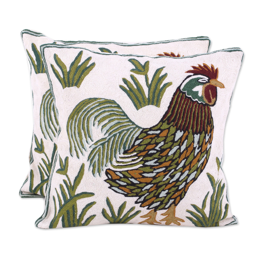 Two Embroidered Cushion Covers with Roosters from India - Rooster Crow