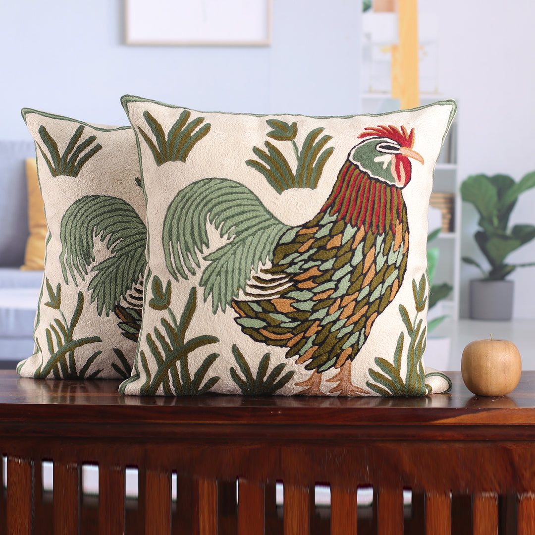Two Embroidered Cushion Covers with Roosters from India - Rooster Crow