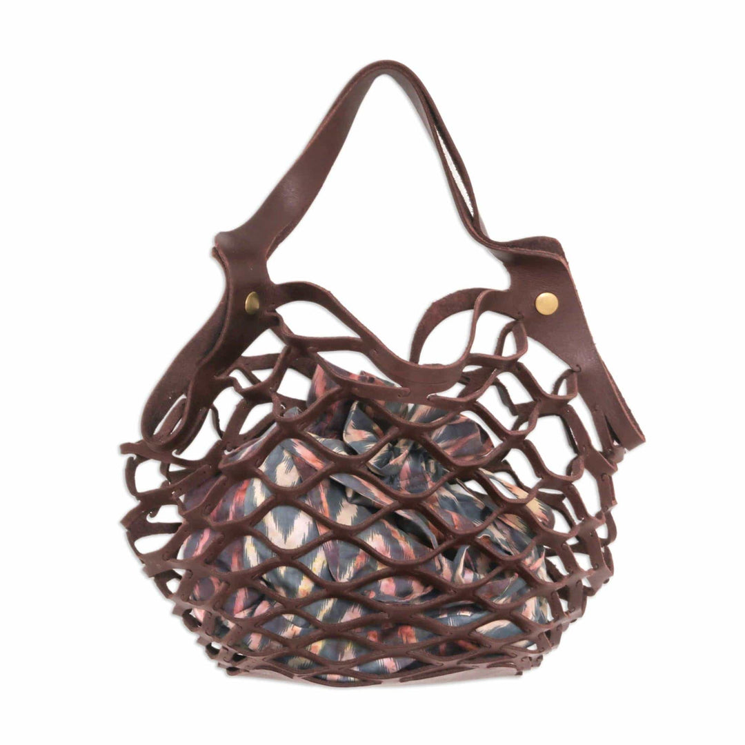 Brown Leather Shoulder Bag with Chevron Print Cotton Lining - Sea Green Nest