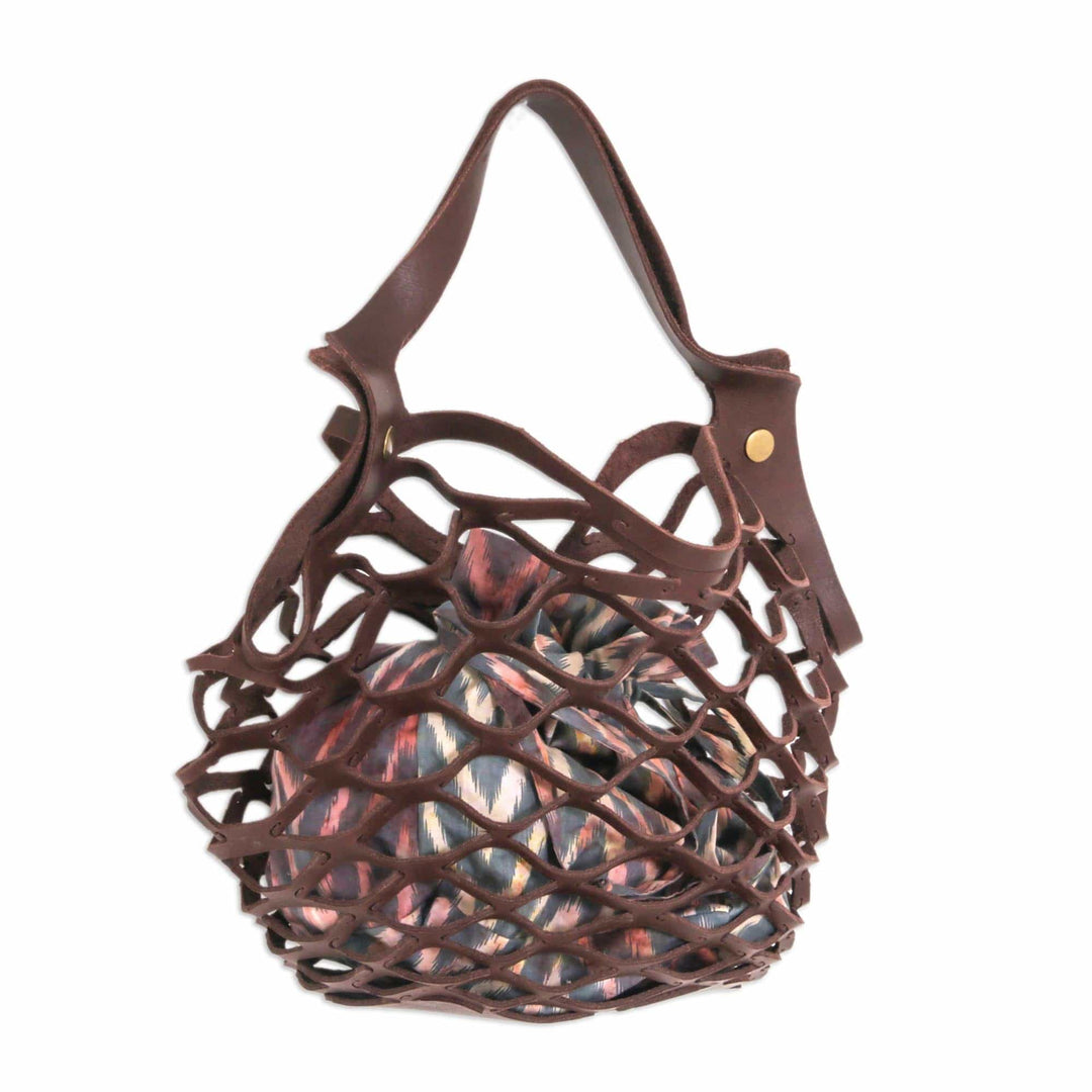 Brown Leather Shoulder Bag with Chevron Print Cotton Lining - Sea Green Nest