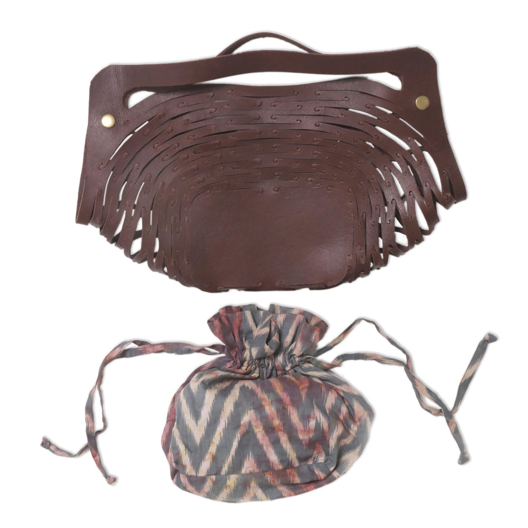 Brown Leather Shoulder Bag with Chevron Print Cotton Lining - Sea Green Nest
