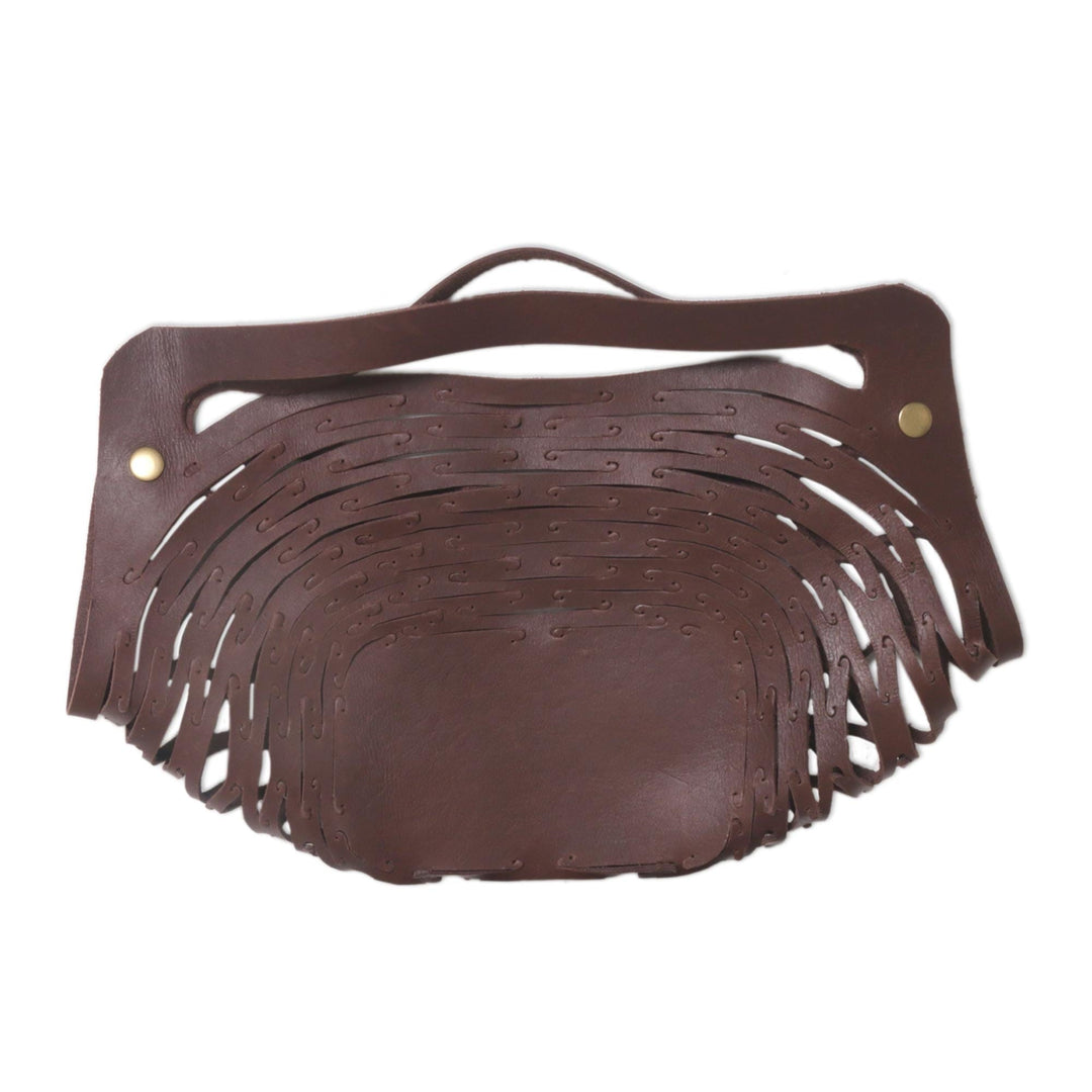 Brown Leather Shoulder Bag with Chevron Print Cotton Lining - Sea Green Nest