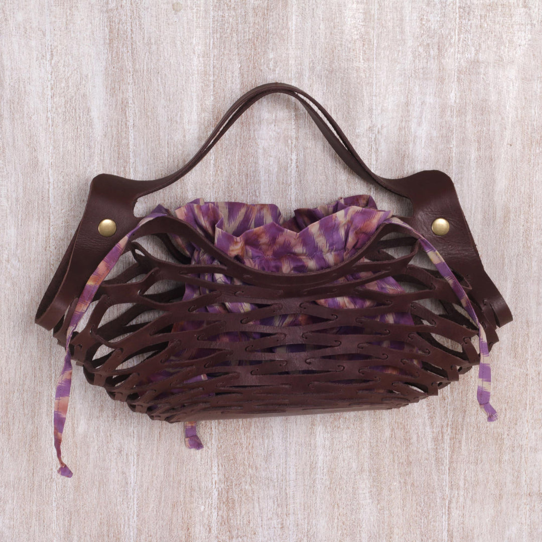 Unique Leather Shoulder Bag with Cotton Lining from Bali - Deep Lavender Nest