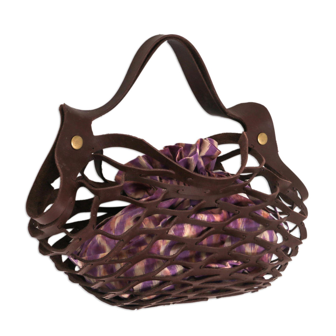 Unique Leather Shoulder Bag with Cotton Lining from Bali - Deep Lavender Nest