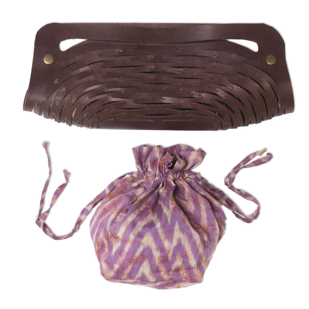 Unique Leather Shoulder Bag with Cotton Lining from Bali - Deep Lavender Nest