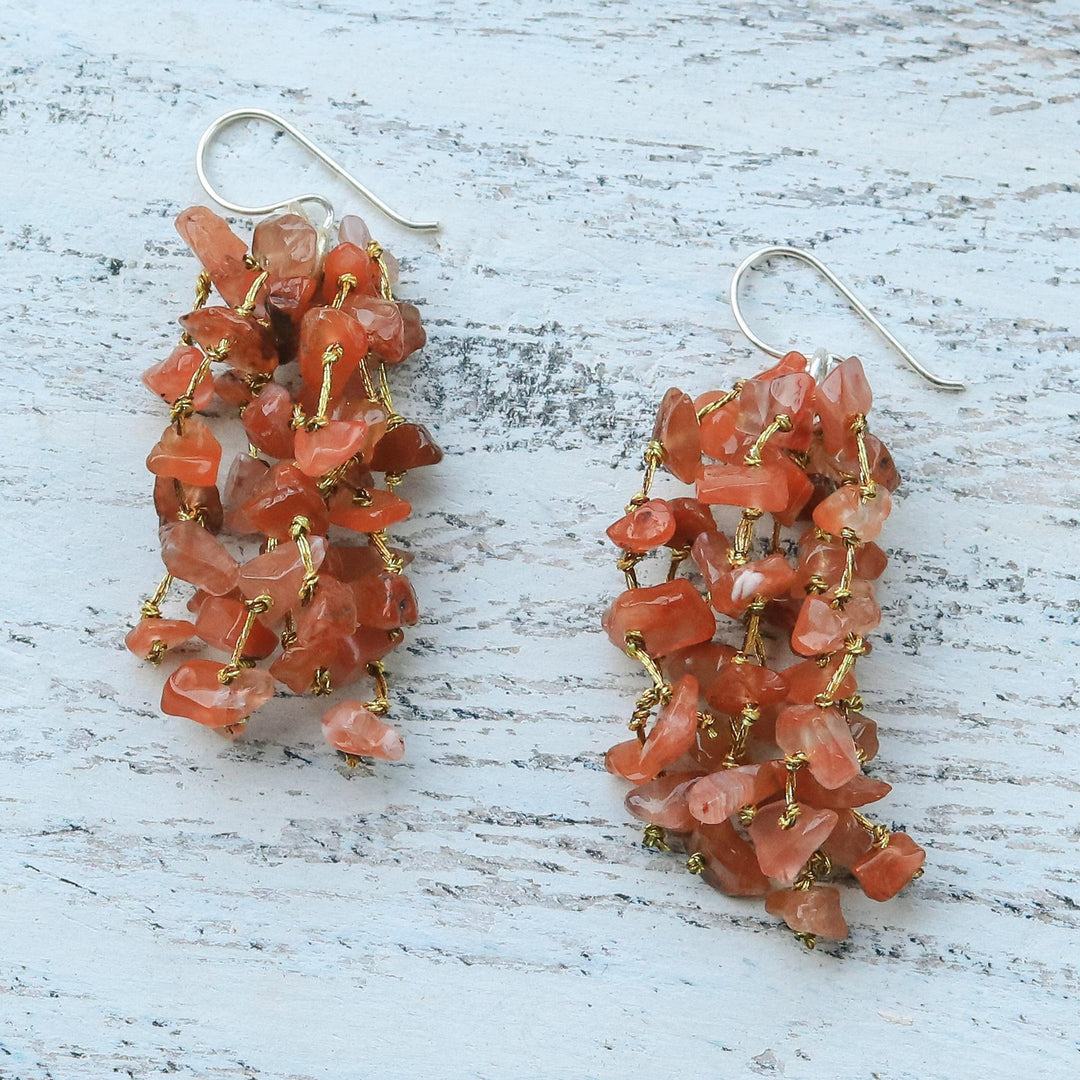 Carnelian and Silk Waterfall Earrings from Thailand - Endless Rain