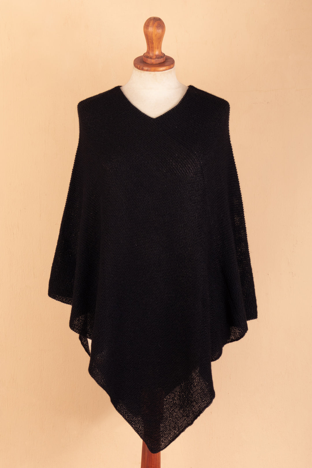 Knit 100% Alpaca Black Poncho from Peru - Enchanted Evening in Black