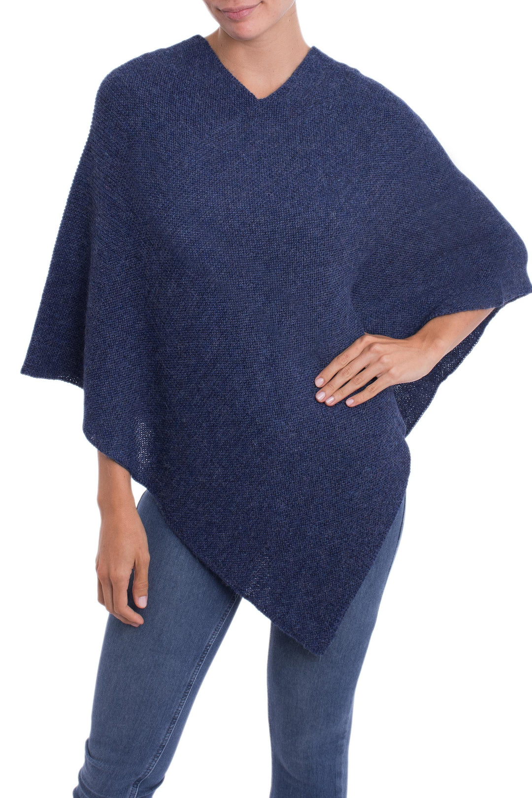 Knit Indigo 100% Alpaca Poncho from Peru - Enchanted Evening in Indigo